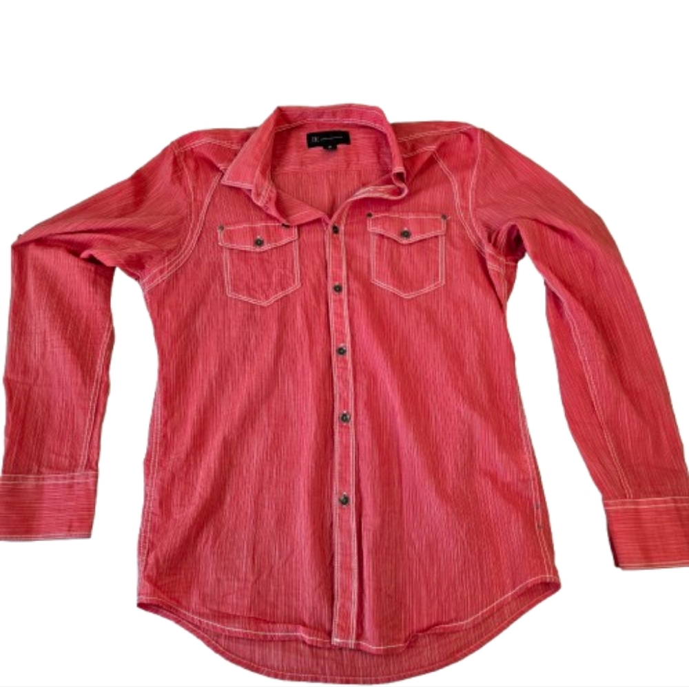 INC International Concepts Button Front Shirt Topstitching Small Dark Coral